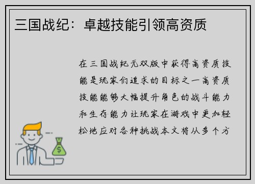 三国战纪：卓越技能引领高资质